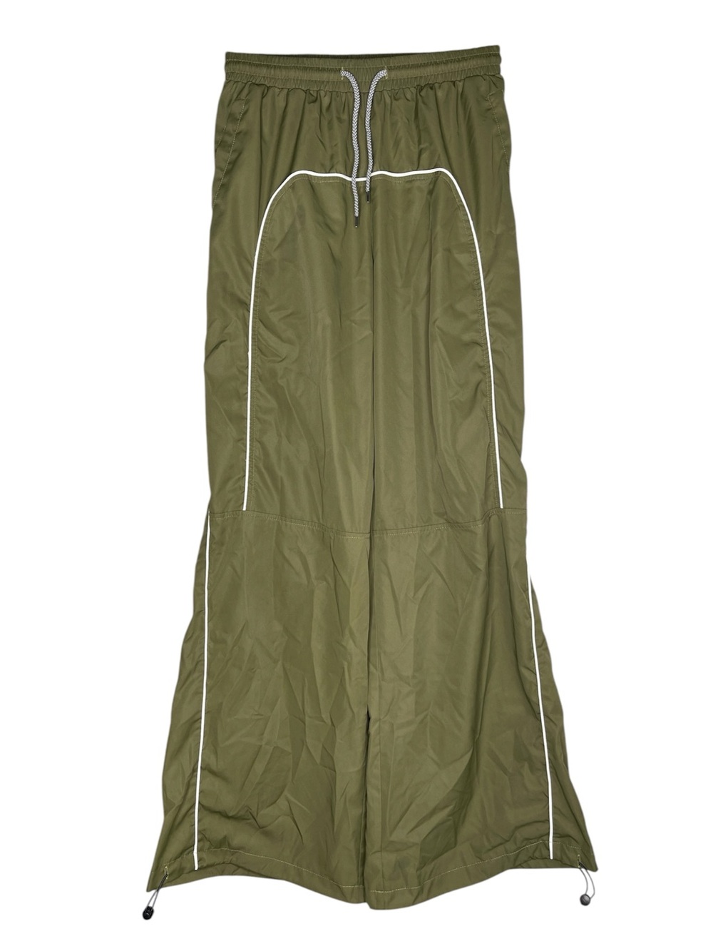 Y2K Olive Green Baggy Parachute Track Pants Reflective Piping Gorpcore M